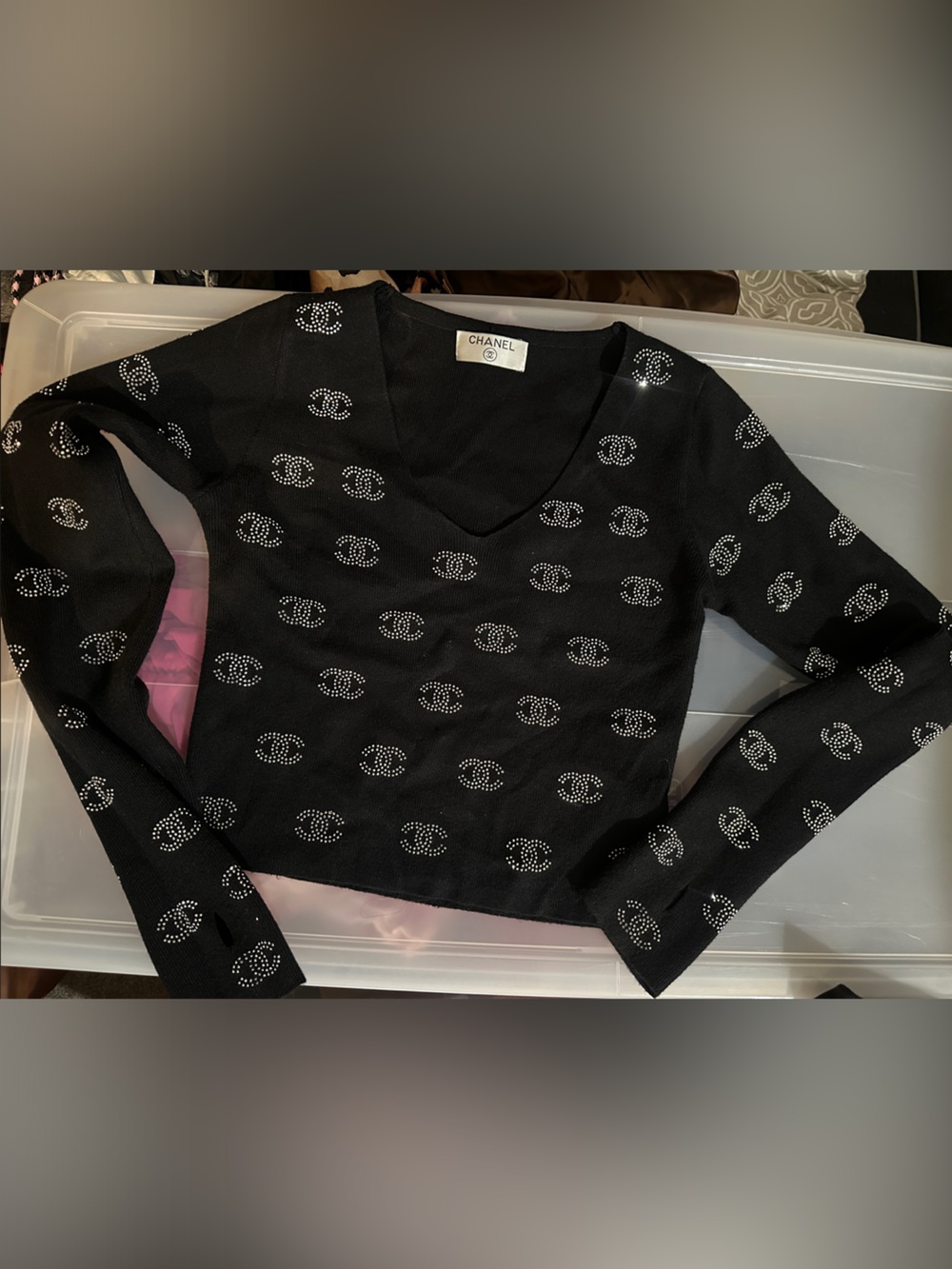 CHANEL Black Crystal-Embellished CC Logo Knit Top
